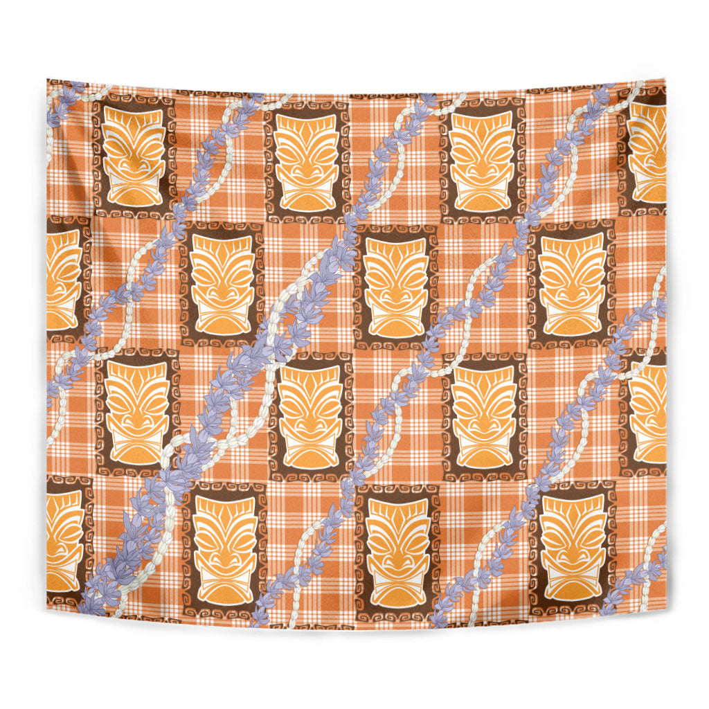 Aloha Hawaii Tiki Palaka Motifs Tapestry Honohono Lei Orange Elegant Vibes