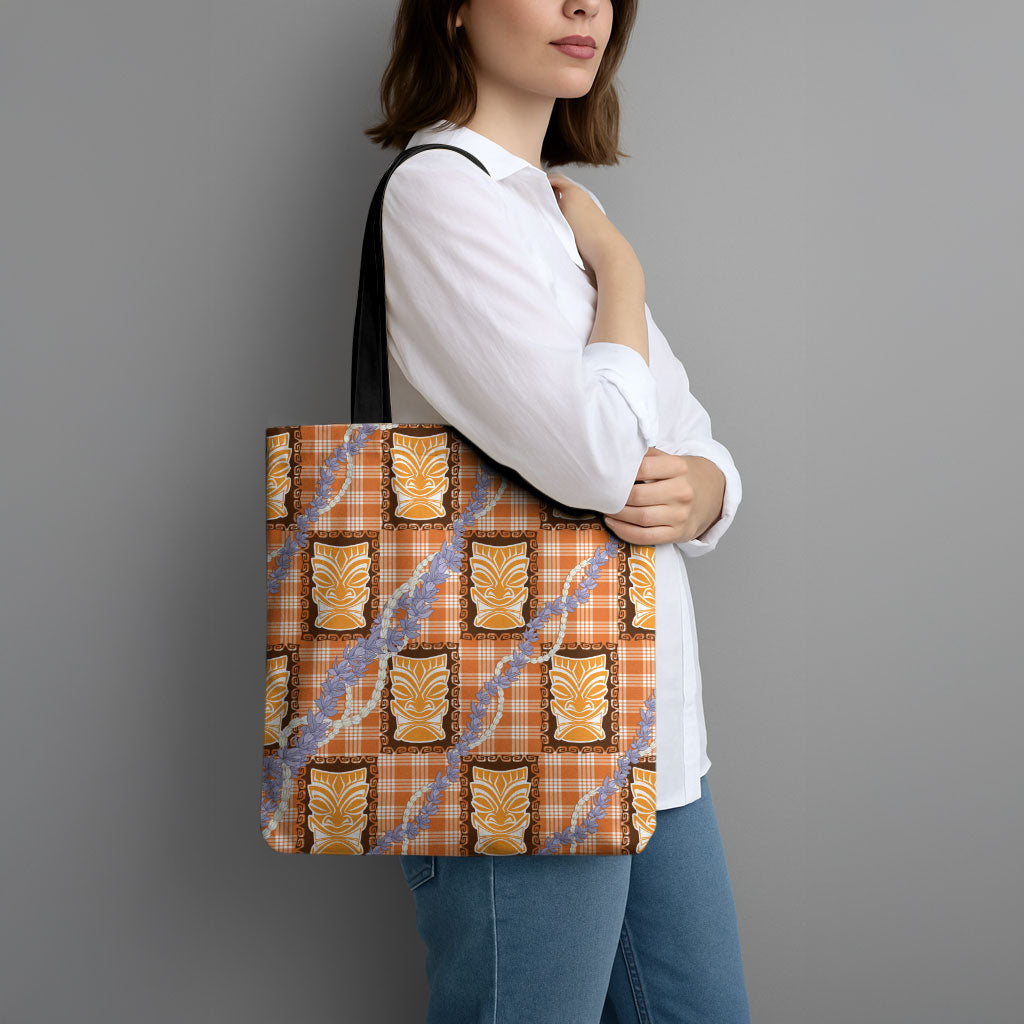 Aloha Hawaii Tiki Palaka Motifs Tote Bag Honohono Lei Orange Elegant Vibes