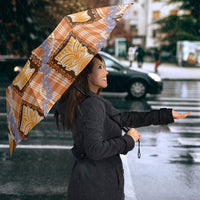 Aloha Hawaii Tiki Palaka Motifs Umbrella Honohono Lei Orange Elegant Vibes
