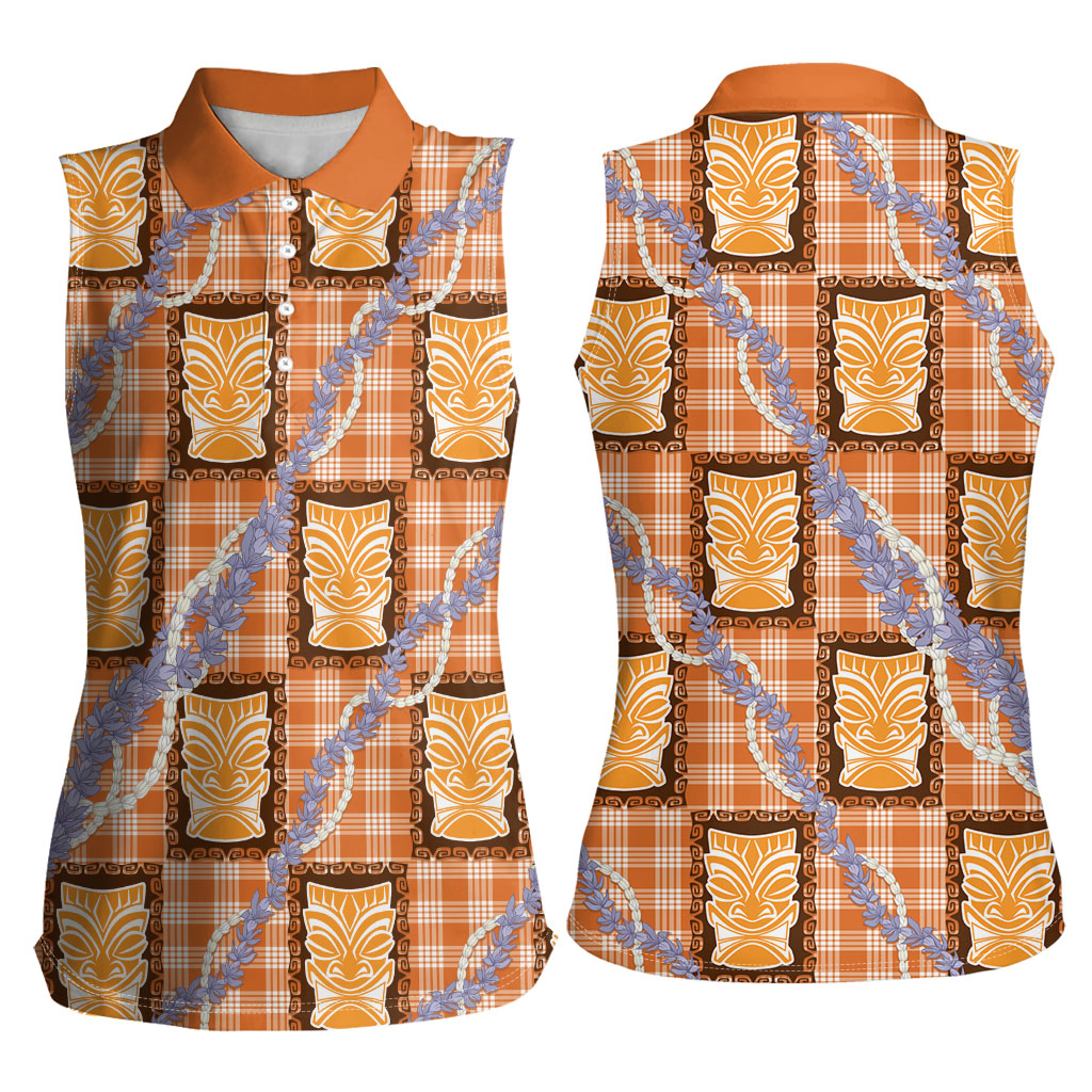Aloha Hawaii Tiki Palaka Motifs Women Sleeveless Polo Shirt Honohono Lei Orange Elegant Vibes