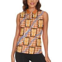 Aloha Hawaii Tiki Palaka Motifs Women Sleeveless Polo Shirt Honohono Lei Orange Elegant Vibes