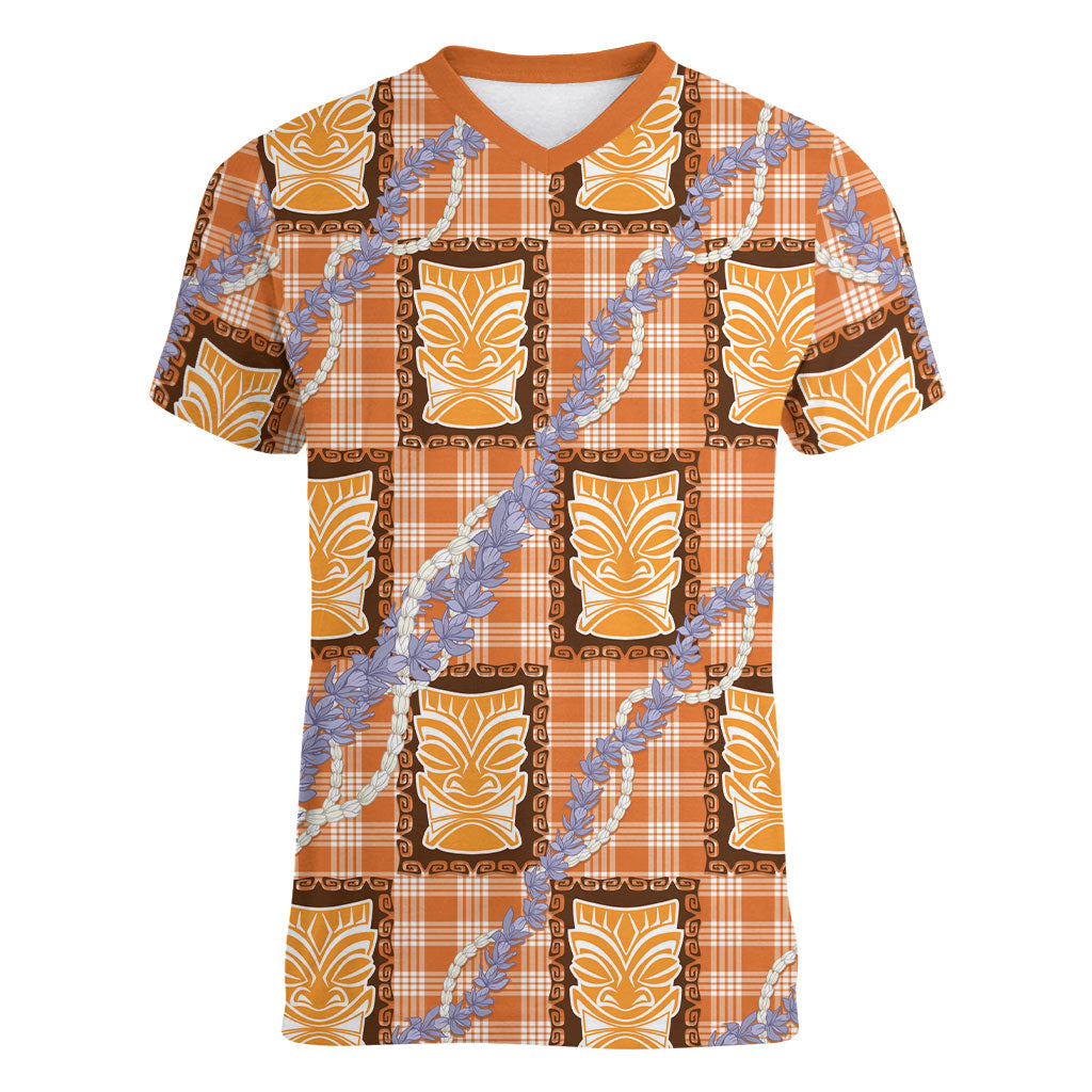 Aloha Hawaii Tiki Palaka Motifs Women V-Neck T-Shirt Honohono Lei Orange Elegant Vibes