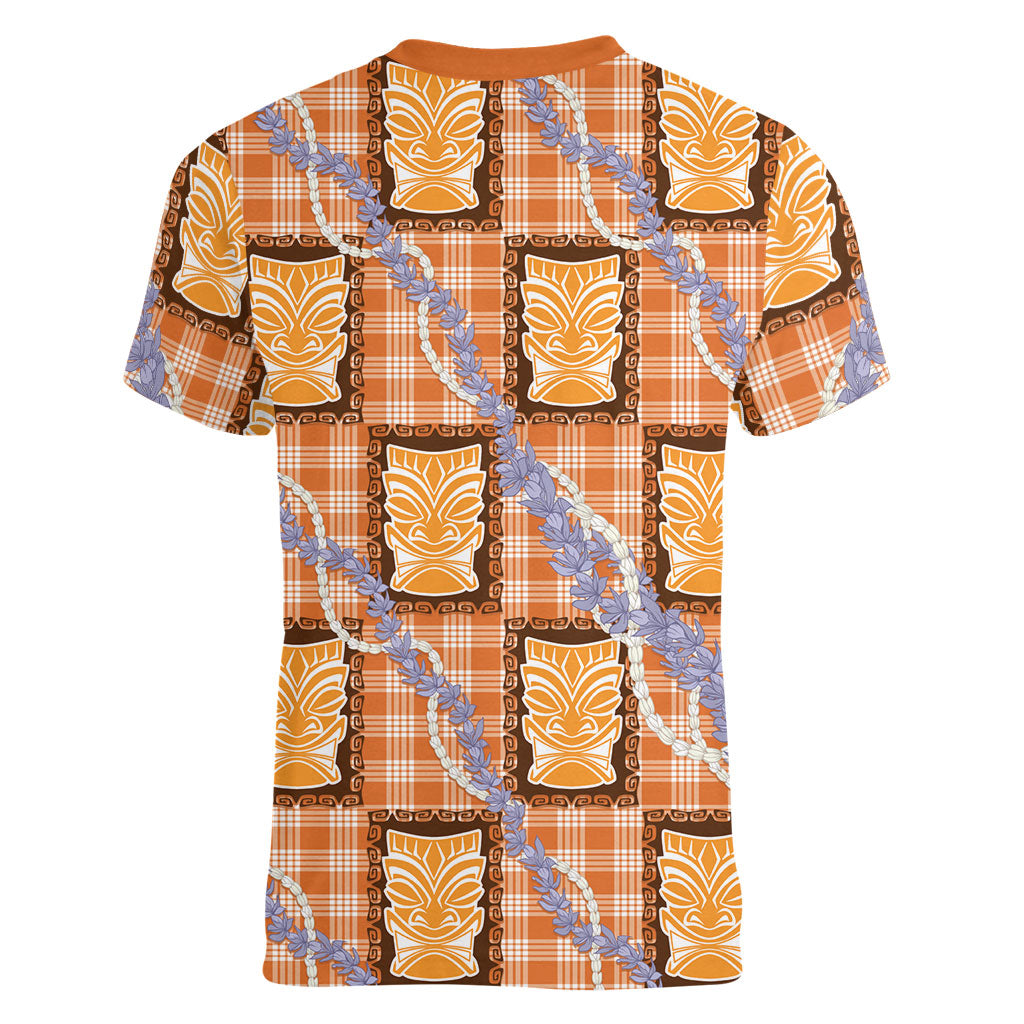 Aloha Hawaii Tiki Palaka Motifs Women V-Neck T-Shirt Honohono Lei Orange Elegant Vibes