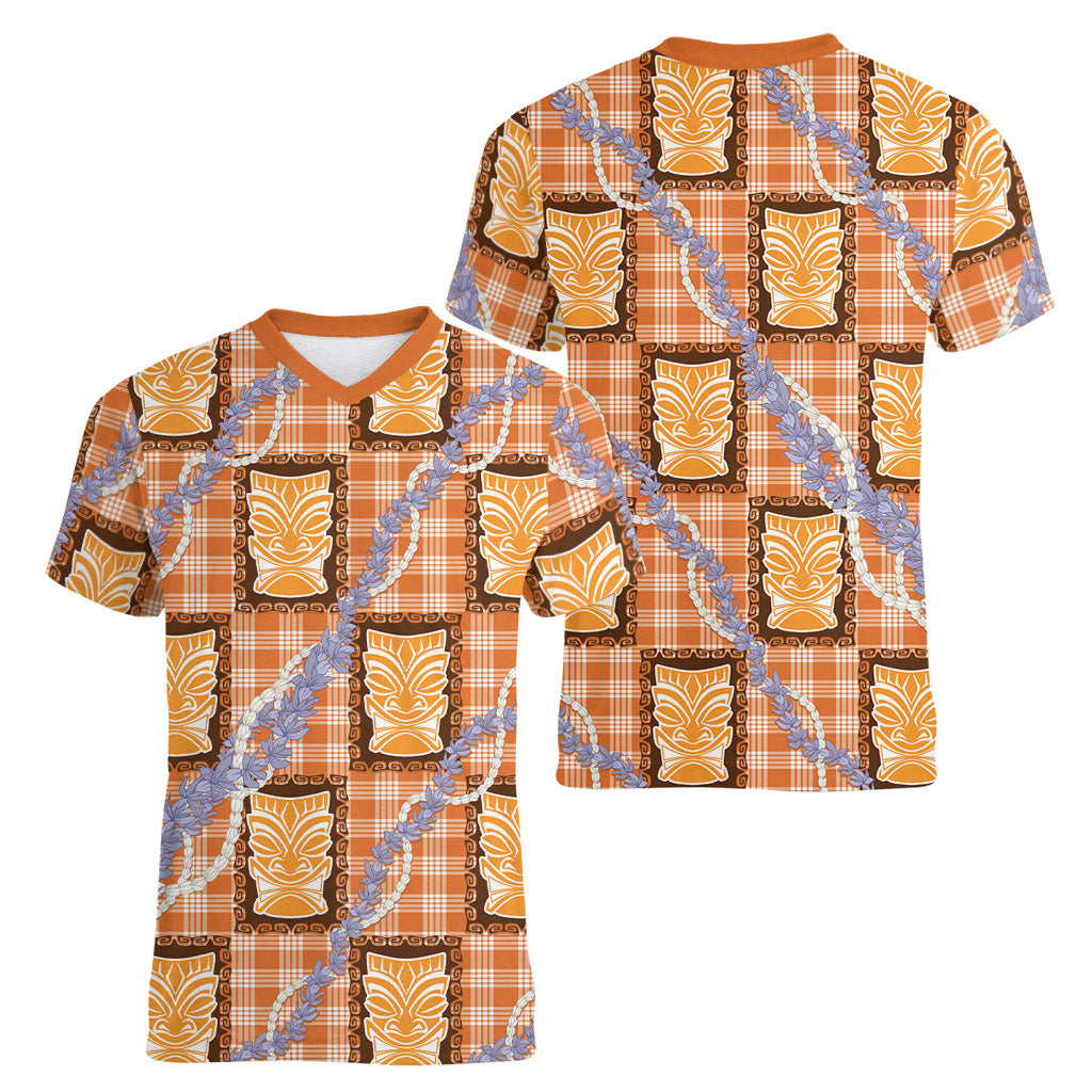 Aloha Hawaii Tiki Palaka Motifs Women V-Neck T-Shirt Honohono Lei Orange Elegant Vibes