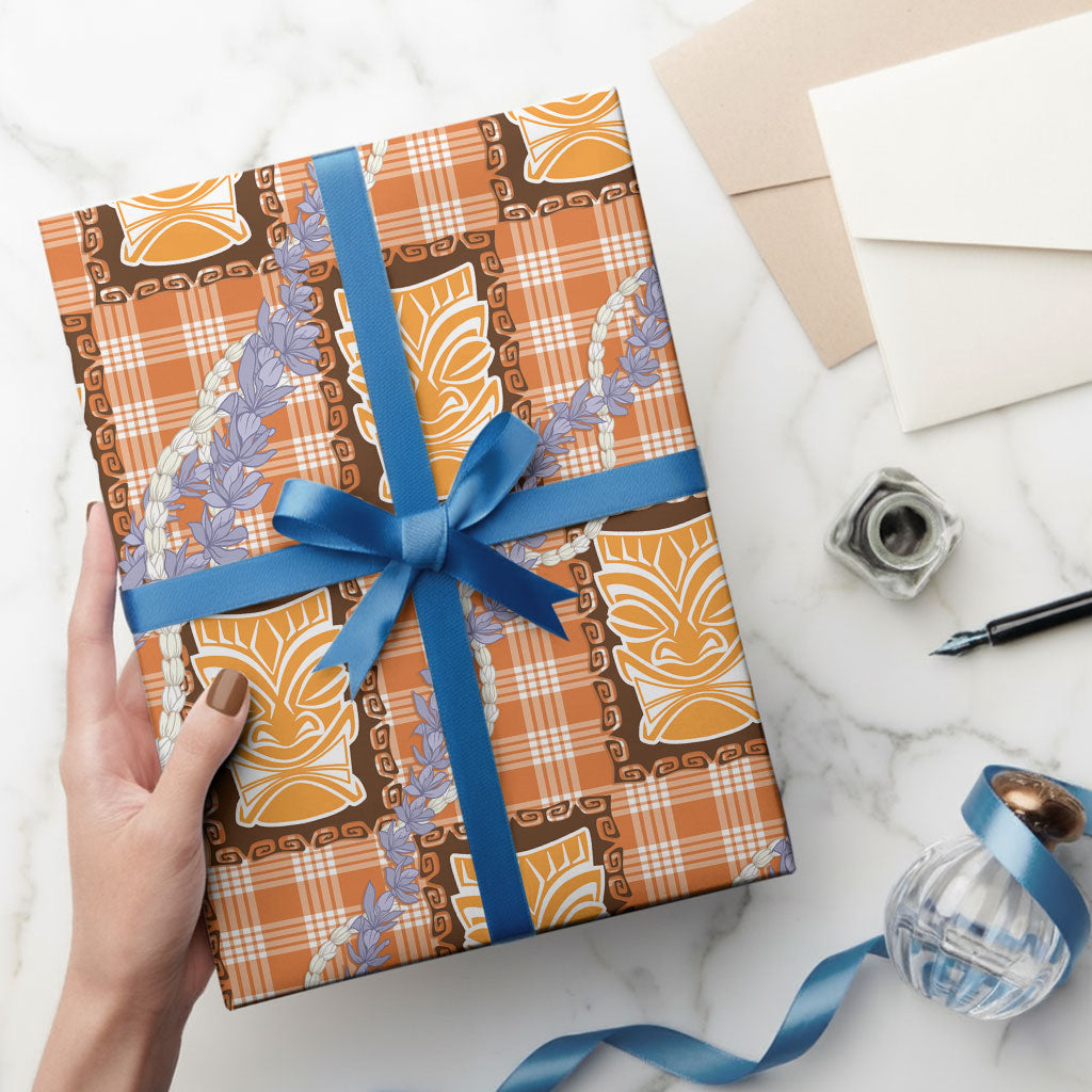 Aloha Hawaii Tiki Palaka Motifs Wrapping Paper Honohono Lei Orange Elegant Vibes