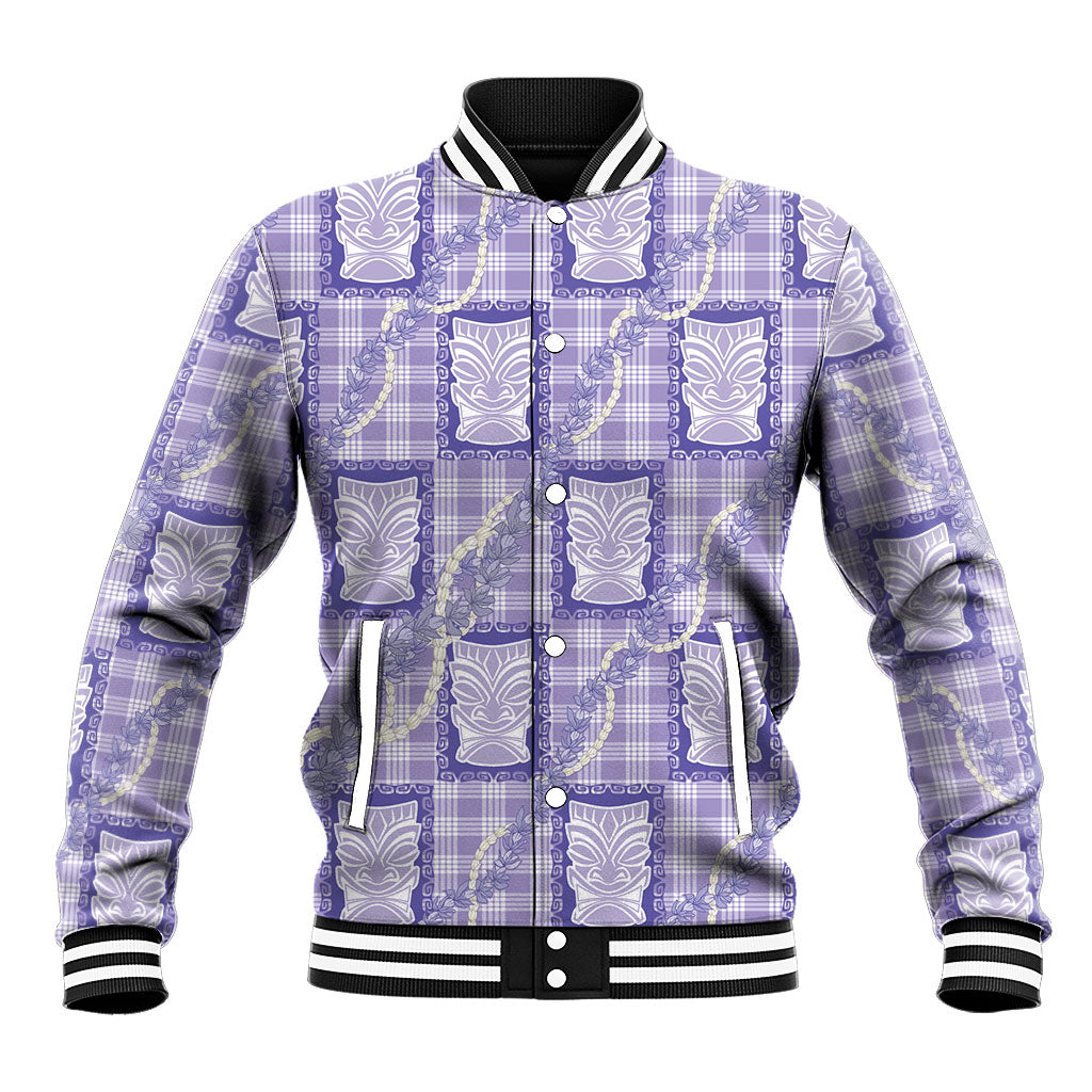 Aloha Hawaii Tiki Palaka Motifs Baseball Jacket Honohono Lei Purple Elegant Vibes