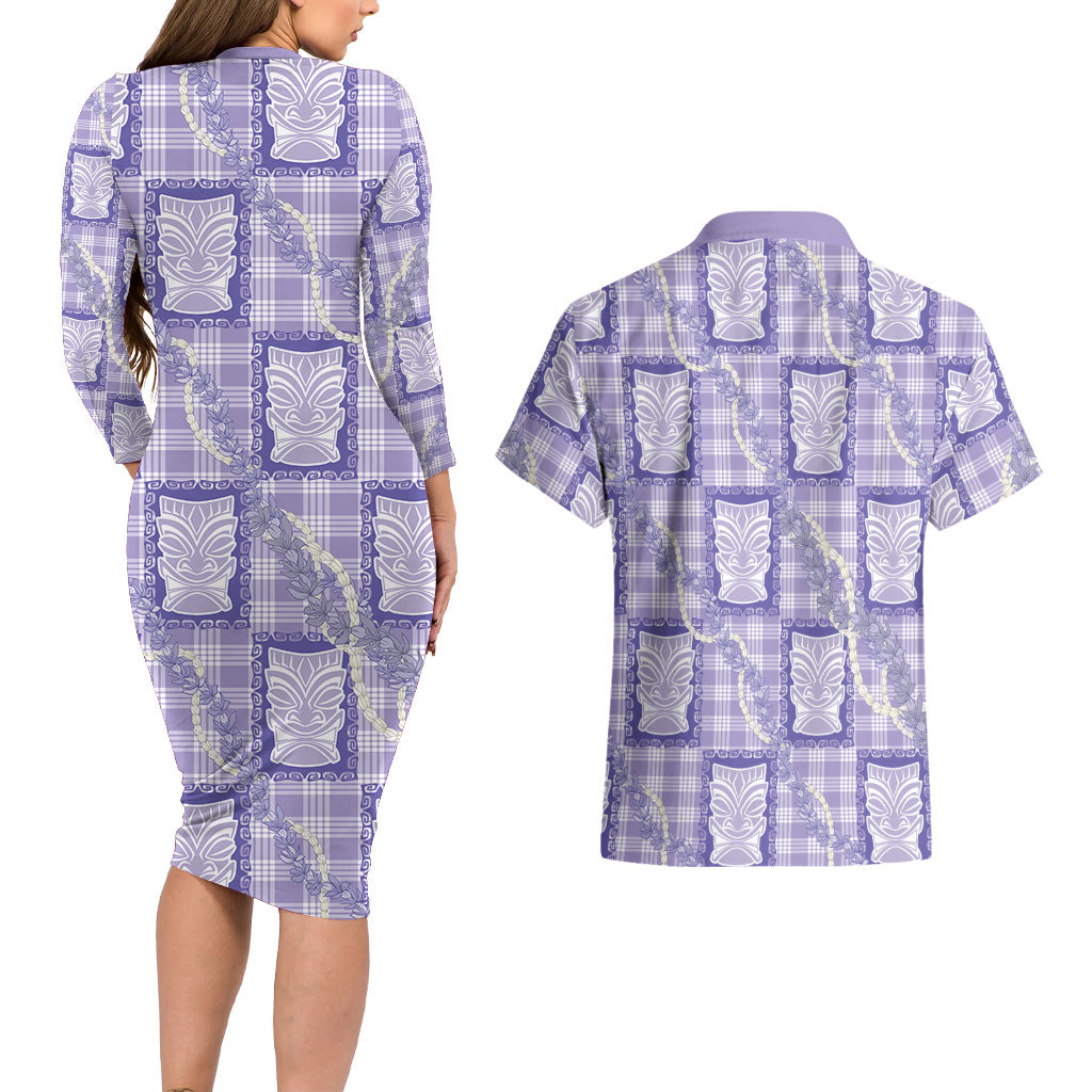 Aloha Hawaii Tiki Palaka Motifs Couples Matching Long Sleeve Bodycon Dress and Hawaiian Shirt Honohono Lei Purple Elegant Vibes