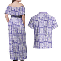 Aloha Hawaii Tiki Palaka Motifs Couples Matching Off Shoulder Maxi Dress and Hawaiian Shirt Honohono Lei Purple Elegant Vibes