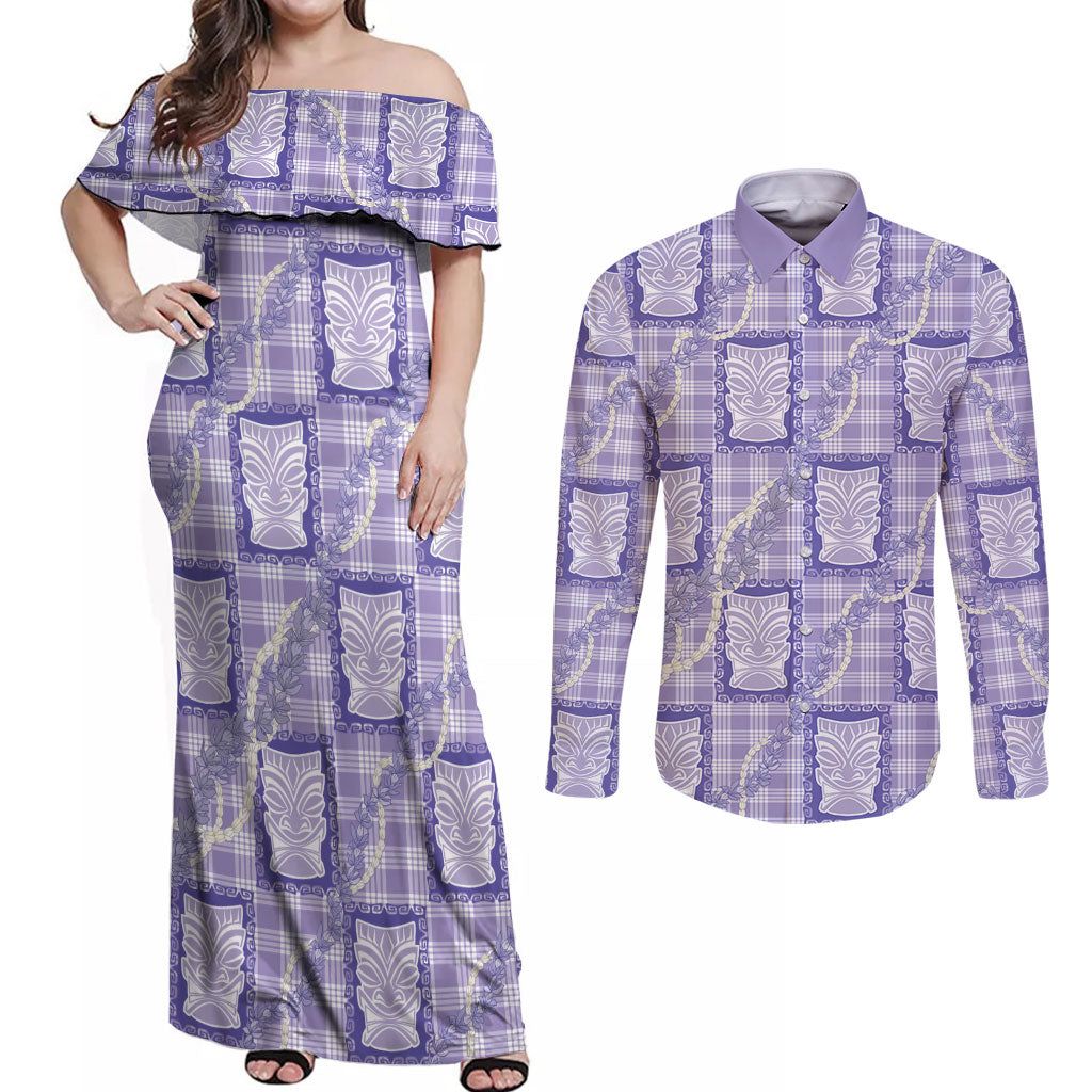 Aloha Hawaii Tiki Palaka Motifs Couples Matching Off Shoulder Maxi Dress and Long Sleeve Button Shirt Honohono Lei Purple Elegant Vibes