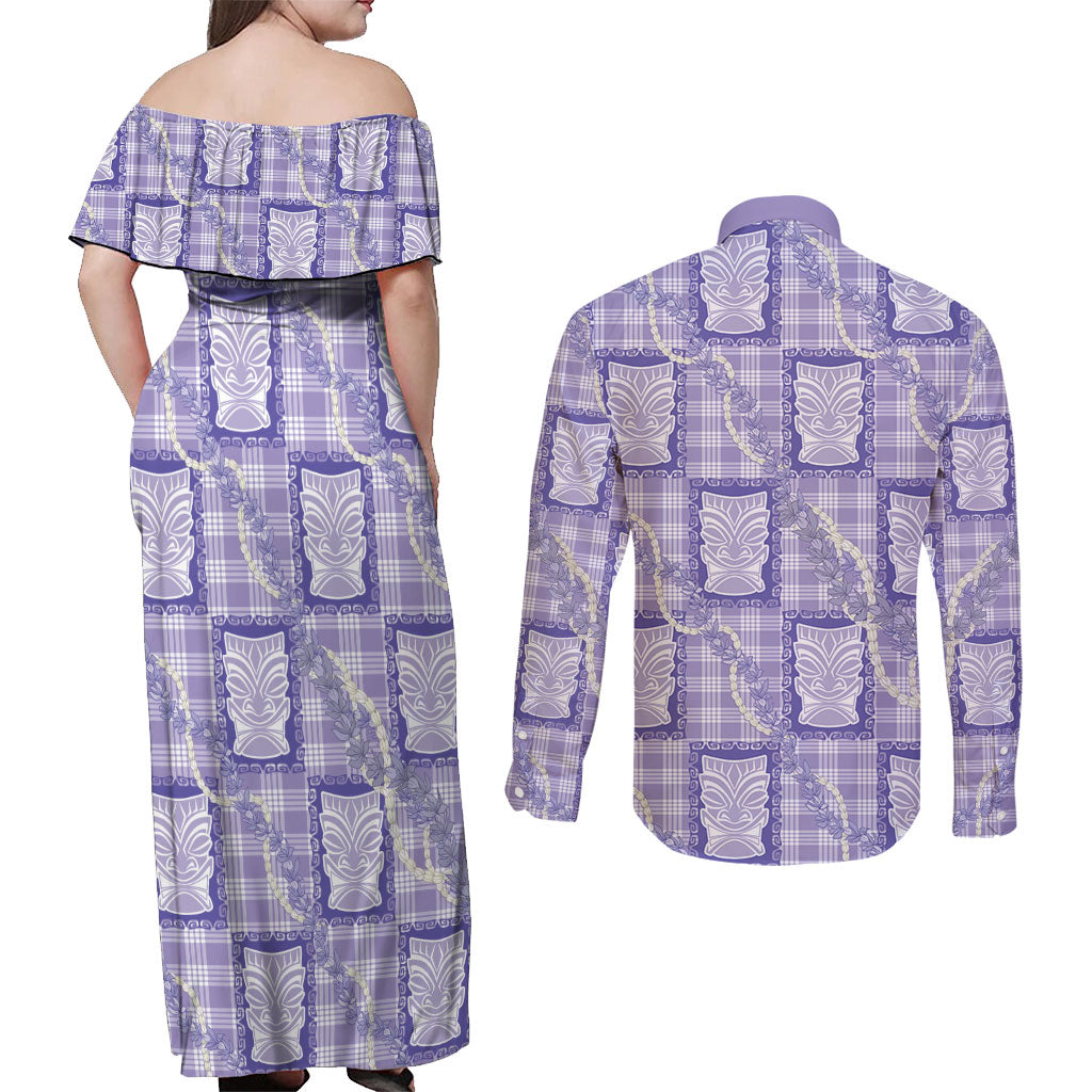 Aloha Hawaii Tiki Palaka Motifs Couples Matching Off Shoulder Maxi Dress and Long Sleeve Button Shirt Honohono Lei Purple Elegant Vibes