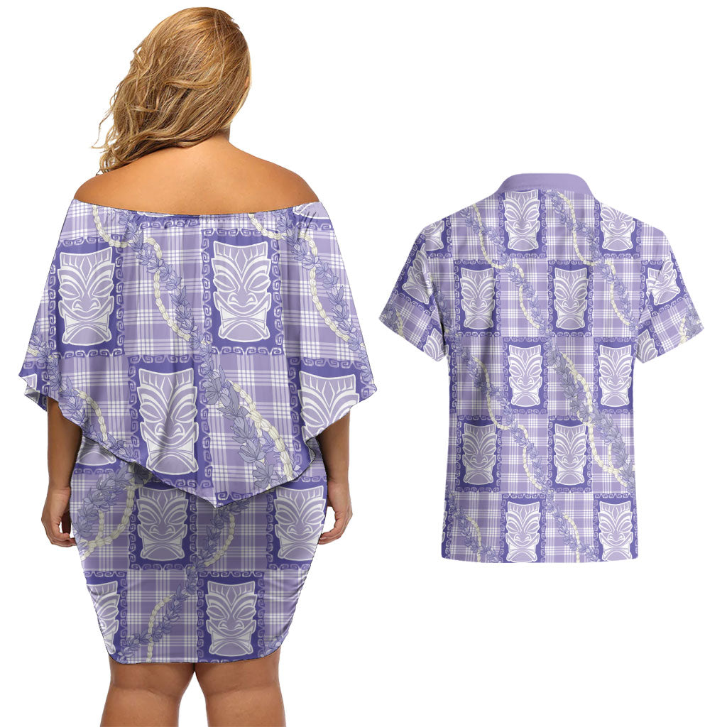 Aloha Hawaii Tiki Palaka Motifs Couples Matching Off Shoulder Short Dress and Hawaiian Shirt Honohono Lei Purple Elegant Vibes