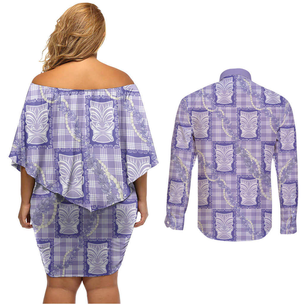 Aloha Hawaii Tiki Palaka Motifs Couples Matching Off Shoulder Short Dress and Long Sleeve Button Shirt Honohono Lei Purple Elegant Vibes