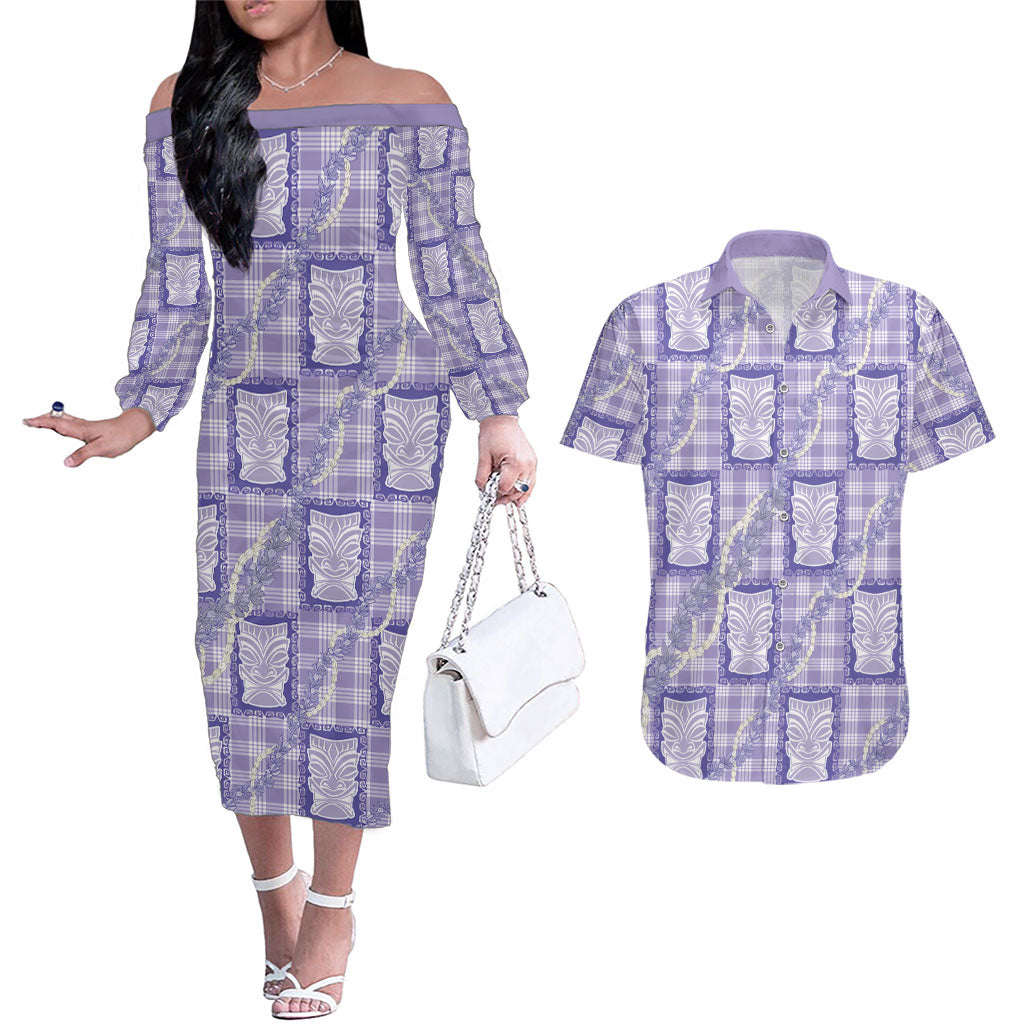 Aloha Hawaii Tiki Palaka Motifs Couples Matching Off The Shoulder Long Sleeve Dress and Hawaiian Shirt Honohono Lei Purple Elegant Vibes