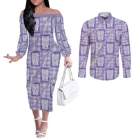 Aloha Hawaii Tiki Palaka Motifs Couples Matching Off The Shoulder Long Sleeve Dress and Long Sleeve Button Shirt Honohono Lei Purple Elegant Vibes