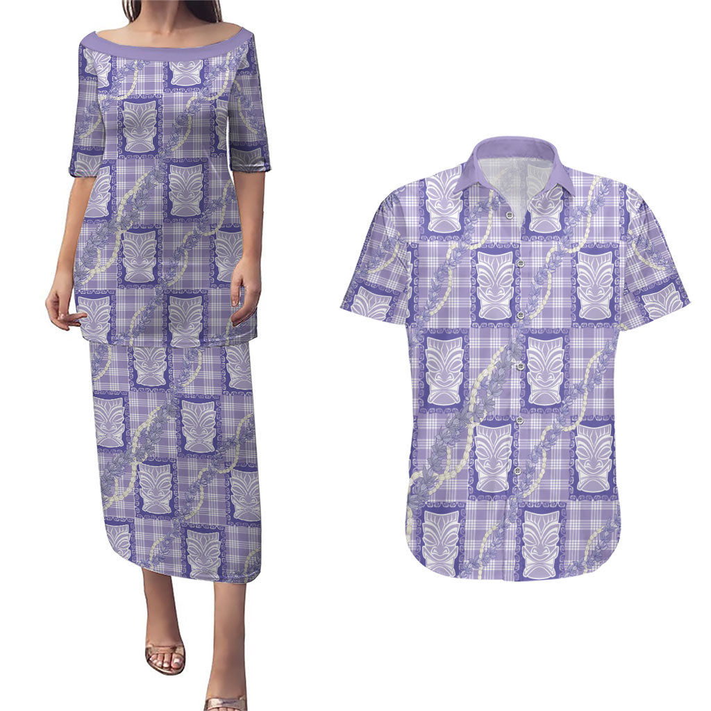 Aloha Hawaii Tiki Palaka Motifs Couples Matching Puletasi and Hawaiian Shirt Honohono Lei Purple Elegant Vibes