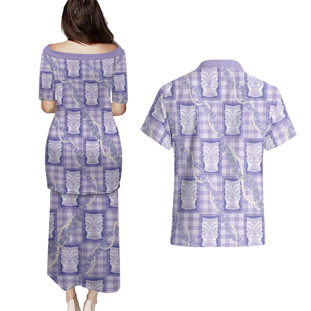 Aloha Hawaii Tiki Palaka Motifs Couples Matching Puletasi and Hawaiian Shirt Honohono Lei Purple Elegant Vibes