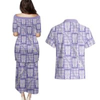 Aloha Hawaii Tiki Palaka Motifs Couples Matching Puletasi and Hawaiian Shirt Honohono Lei Purple Elegant Vibes