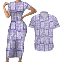 Aloha Hawaii Tiki Palaka Motifs Couples Matching Short Sleeve Bodycon Dress and Hawaiian Shirt Honohono Lei Purple Elegant Vibes