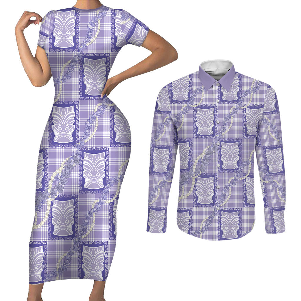 Aloha Hawaii Tiki Palaka Motifs Couples Matching Short Sleeve Bodycon Dress and Long Sleeve Button Shirt Honohono Lei Purple Elegant Vibes