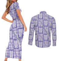 Aloha Hawaii Tiki Palaka Motifs Couples Matching Short Sleeve Bodycon Dress and Long Sleeve Button Shirt Honohono Lei Purple Elegant Vibes
