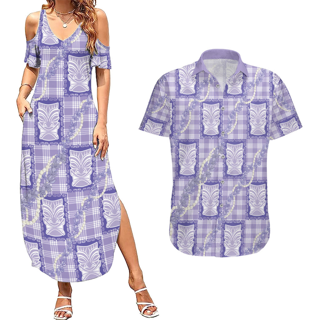 Aloha Hawaii Tiki Palaka Motifs Couples Matching Summer Maxi Dress and Hawaiian Shirt Honohono Lei Purple Elegant Vibes