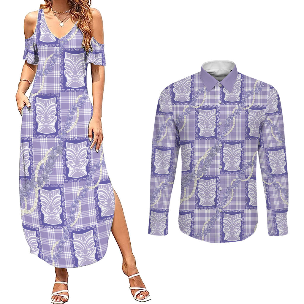 Aloha Hawaii Tiki Palaka Motifs Couples Matching Summer Maxi Dress and Long Sleeve Button Shirt Honohono Lei Purple Elegant Vibes
