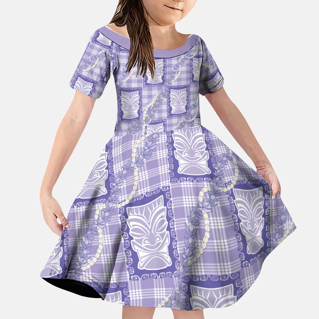 Aloha Hawaii Tiki Palaka Motifs Family Matching Long Sleeve Bodycon Dress and Hawaiian Shirt Honohono Lei Purple Elegant Vibes