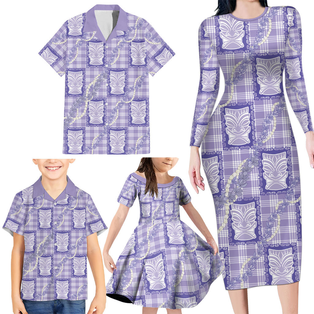 Aloha Hawaii Tiki Palaka Motifs Family Matching Long Sleeve Bodycon Dress and Hawaiian Shirt Honohono Lei Purple Elegant Vibes