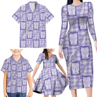 Aloha Hawaii Tiki Palaka Motifs Family Matching Long Sleeve Bodycon Dress and Hawaiian Shirt Honohono Lei Purple Elegant Vibes