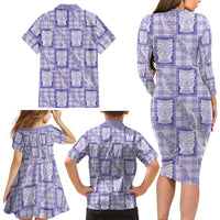 Aloha Hawaii Tiki Palaka Motifs Family Matching Long Sleeve Bodycon Dress and Hawaiian Shirt Honohono Lei Purple Elegant Vibes