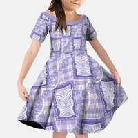 Aloha Hawaii Tiki Palaka Motifs Family Matching Off The Shoulder Long Sleeve Dress and Hawaiian Shirt Honohono Lei Purple Elegant Vibes