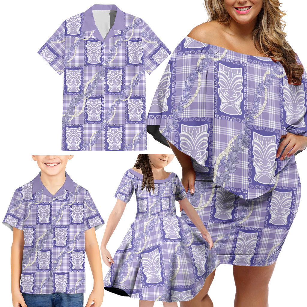 Aloha Hawaii Tiki Palaka Motifs Family Matching Off Shoulder Short Dress and Hawaiian Shirt Honohono Lei Purple Elegant Vibes