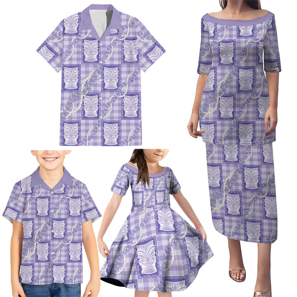 Aloha Hawaii Tiki Palaka Motifs Family Matching Puletasi and Hawaiian Shirt Honohono Lei Purple Elegant Vibes