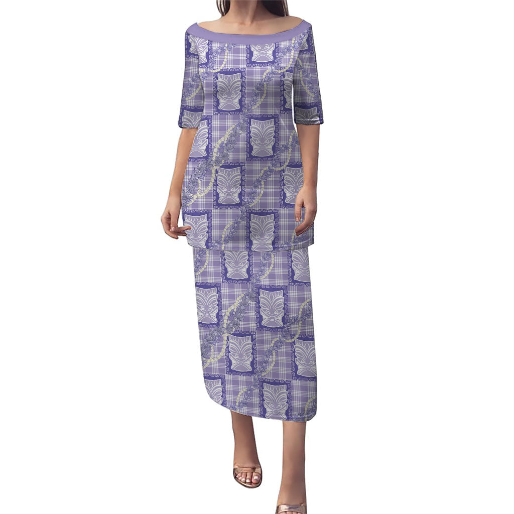 Aloha Hawaii Tiki Palaka Motifs Family Matching Puletasi and Hawaiian Shirt Honohono Lei Purple Elegant Vibes