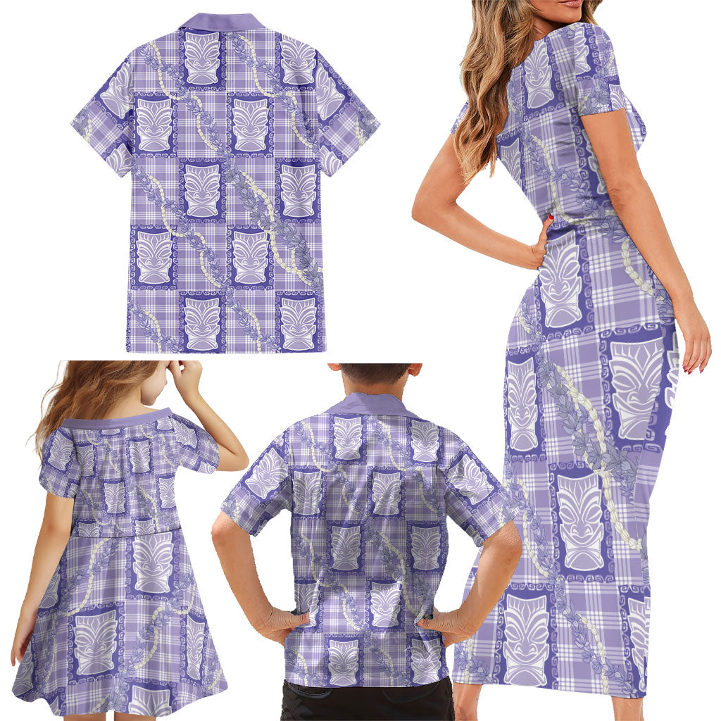 Aloha Hawaii Tiki Palaka Motifs Family Matching Short Sleeve Bodycon Dress and Hawaiian Shirt Honohono Lei Purple Elegant Vibes