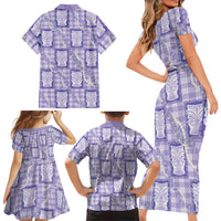 Aloha Hawaii Tiki Palaka Motifs Family Matching Short Sleeve Bodycon Dress and Hawaiian Shirt Honohono Lei Purple Elegant Vibes
