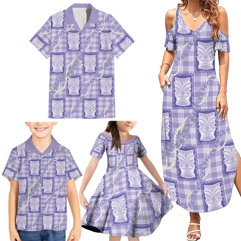 Aloha Hawaii Tiki Palaka Motifs Family Matching Summer Maxi Dress and Hawaiian Shirt Honohono Lei Purple Elegant Vibes