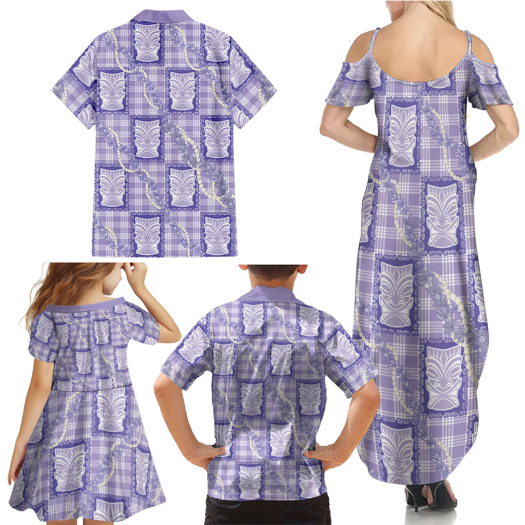Aloha Hawaii Tiki Palaka Motifs Family Matching Summer Maxi Dress and Hawaiian Shirt Honohono Lei Purple Elegant Vibes