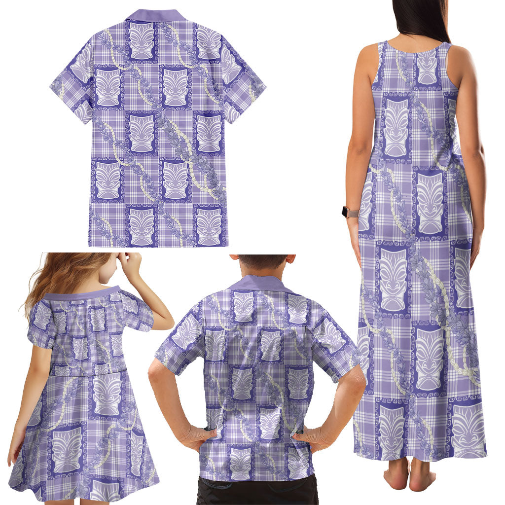 Aloha Hawaii Tiki Palaka Motifs Family Matching Tank Maxi Dress and Hawaiian Shirt Honohono Lei Purple Elegant Vibes