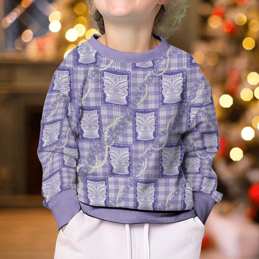 Aloha Hawaii Tiki Palaka Motifs Kid Ugly Christmas Sweater Honohono Lei Purple Elegant Vibes