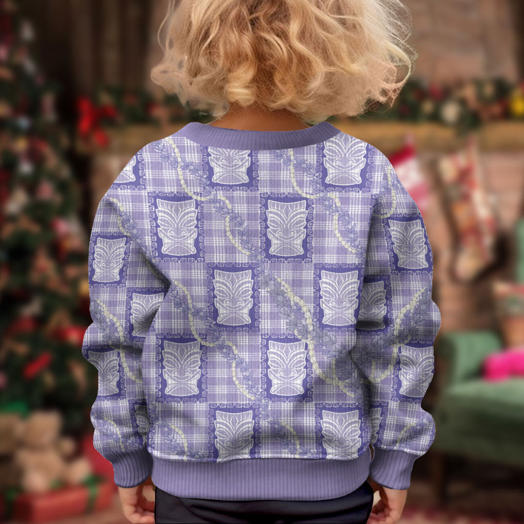 Aloha Hawaii Tiki Palaka Motifs Kid Ugly Christmas Sweater Honohono Lei Purple Elegant Vibes