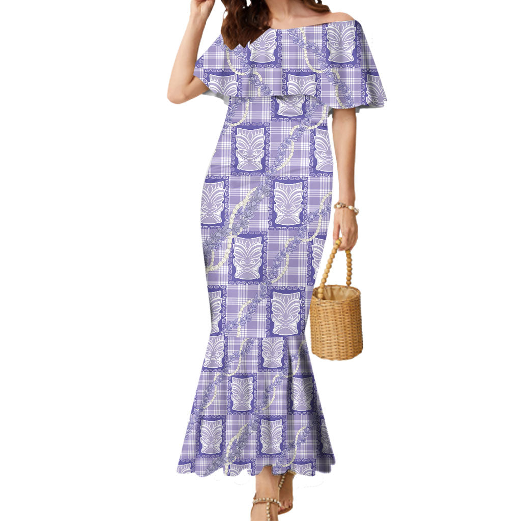 Aloha Hawaii Tiki Palaka Motifs Mermaid Dress Honohono Lei Purple Elegant Vibes