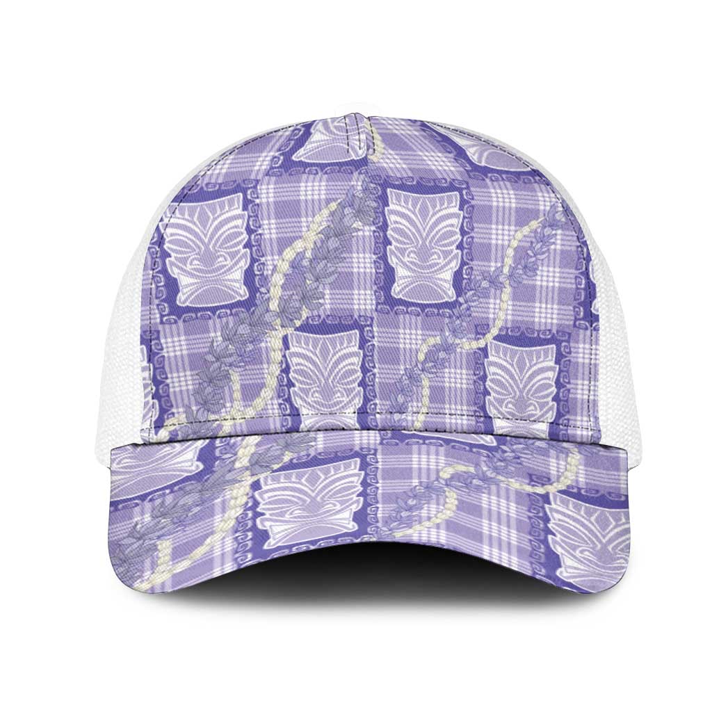 Aloha Hawaii Tiki Palaka Motifs Mesh Trucker Cap Honohono Lei Purple Elegant Vibes