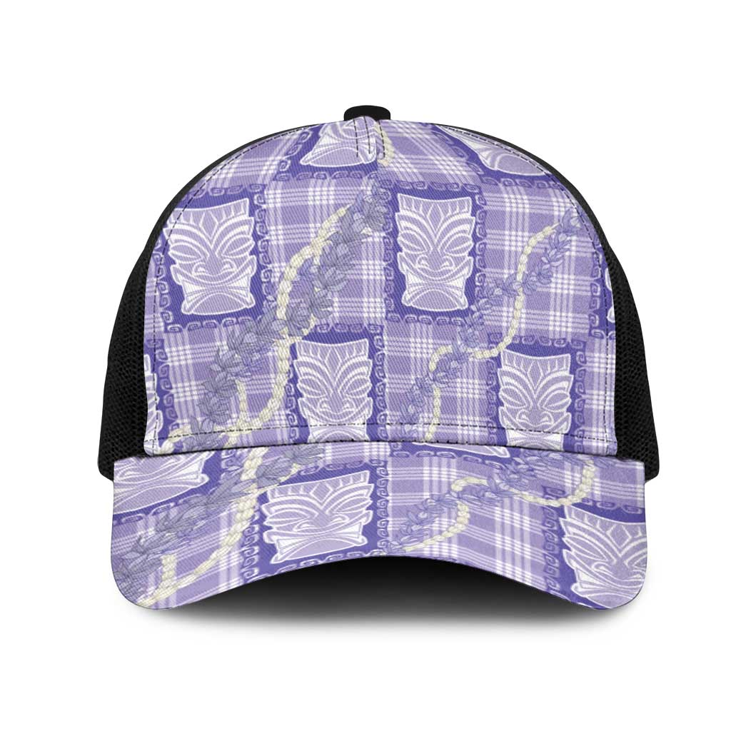 Aloha Hawaii Tiki Palaka Motifs Mesh Trucker Cap Honohono Lei Purple Elegant Vibes