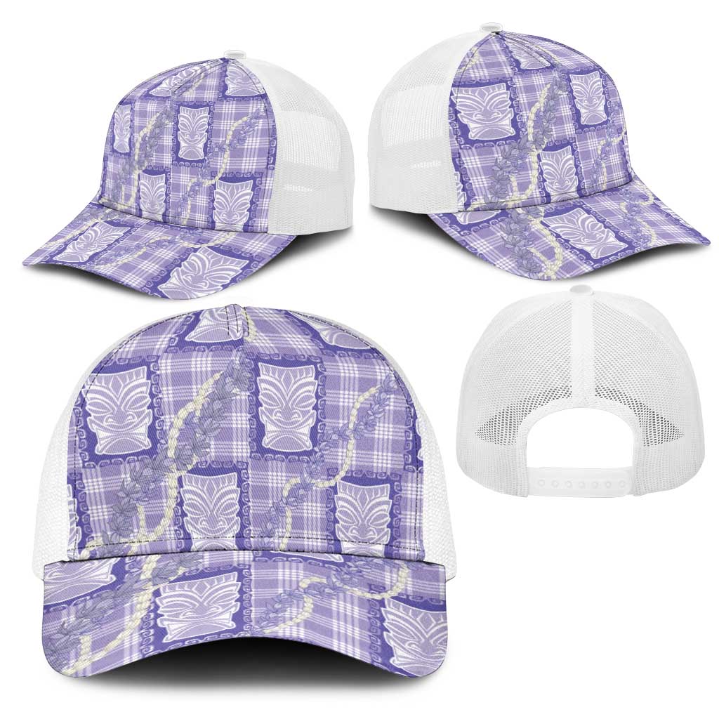 Aloha Hawaii Tiki Palaka Motifs Mesh Trucker Cap Honohono Lei Purple Elegant Vibes