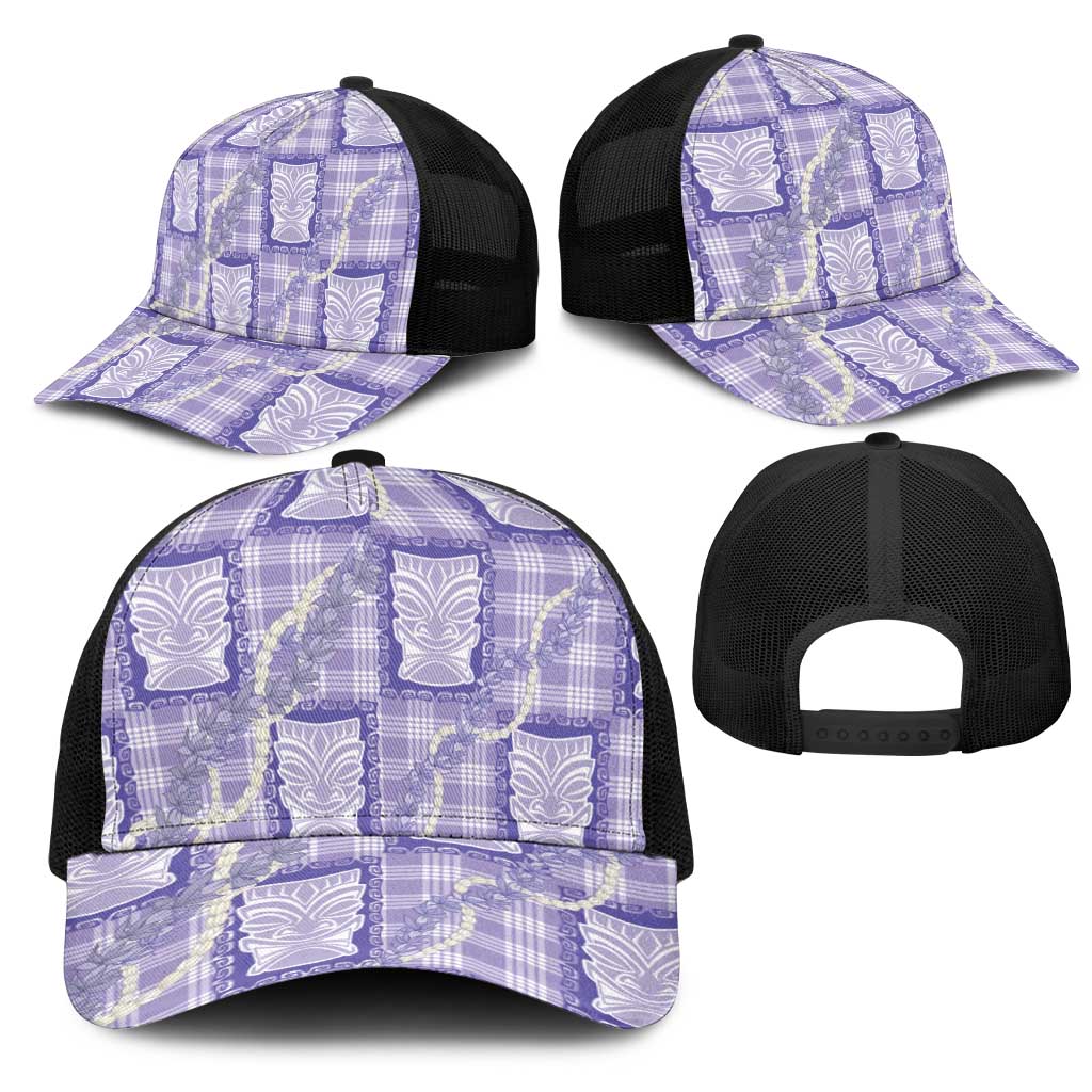 Aloha Hawaii Tiki Palaka Motifs Mesh Trucker Cap Honohono Lei Purple Elegant Vibes