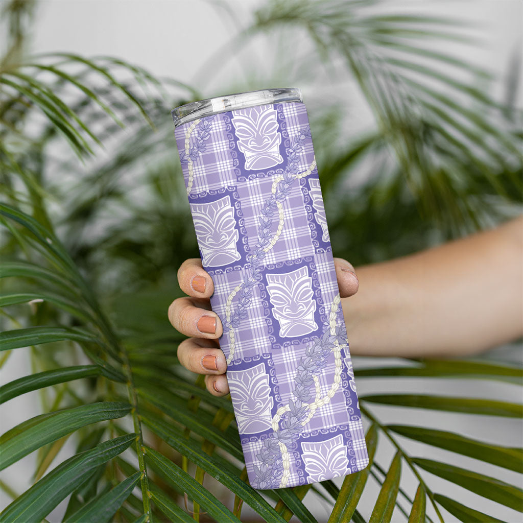 Aloha Hawaii Tiki Palaka Motifs Skinny Tumbler Honohono Lei Purple Elegant Vibes
