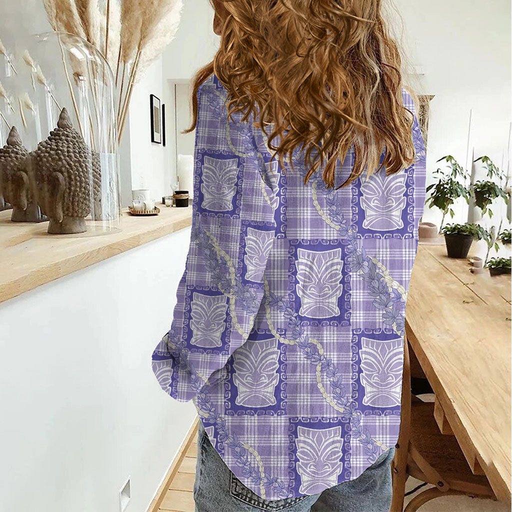 Aloha Hawaii Tiki Palaka Motifs Women Casual Shirt Honohono Lei Purple Elegant Vibes