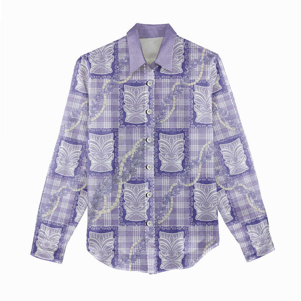 Aloha Hawaii Tiki Palaka Motifs Women Casual Shirt Honohono Lei Purple Elegant Vibes