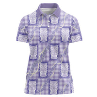 Aloha Hawaii Tiki Palaka Motifs Women Polo Shirt Honohono Lei Purple Elegant Vibes